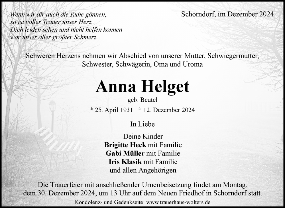  Traueranzeige für Anna Helget vom 24.12.2024 aus Waiblinger Kreiszeitung