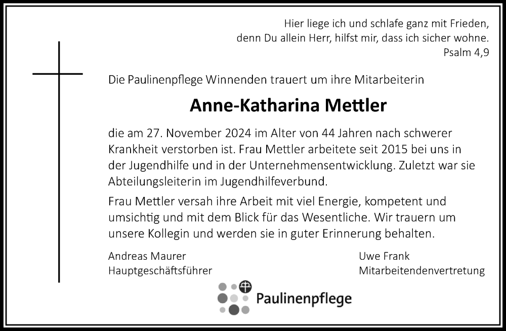  Traueranzeige für Anne-Katharina Mettler vom 04.12.2024 aus Waiblinger Kreiszeitung
