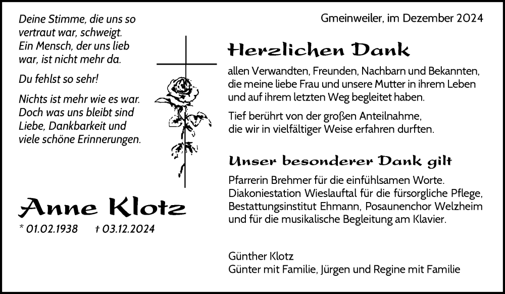  Traueranzeige für Anne Klotz vom 21.12.2024 aus Waiblinger Kreiszeitung