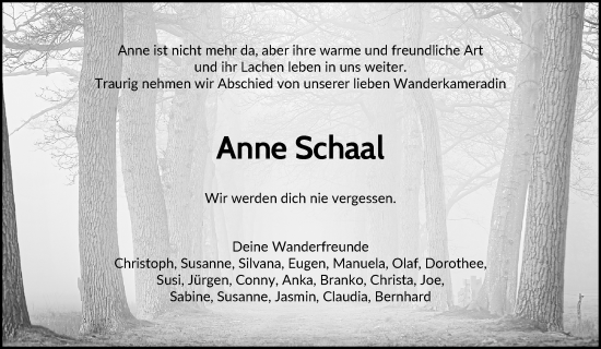 Traueranzeige von Anne Schaal von Waiblinger Kreiszeitung