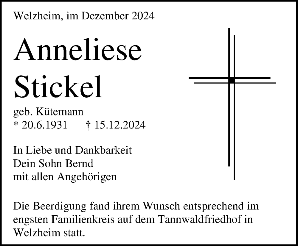  Traueranzeige für Anneliese Stickel vom 23.12.2024 aus Waiblinger Kreiszeitung
