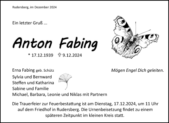 Traueranzeige von Anton Fabing von Waiblinger Kreiszeitung