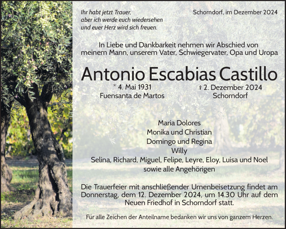  Traueranzeige für Antonio Escabias Castillo vom 07.12.2024 aus Waiblinger Kreiszeitung