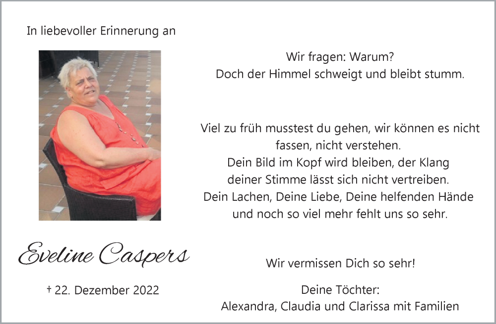  Traueranzeige für Eveline Caspers vom 21.12.2024 aus Waiblinger Kreiszeitung