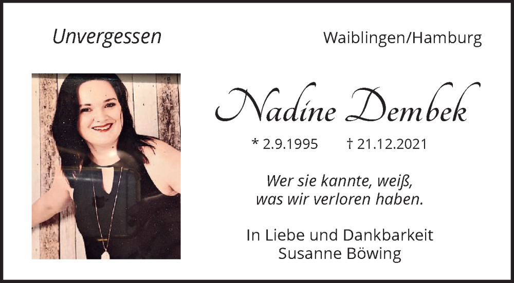  Traueranzeige für Nadine Dembek vom 21.12.2024 aus Waiblinger Kreiszeitung
