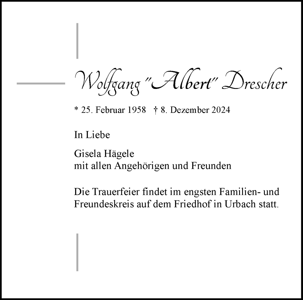  Traueranzeige für Wolfgang Albert Drescher vom 13.12.2024 aus Waiblinger Kreiszeitung