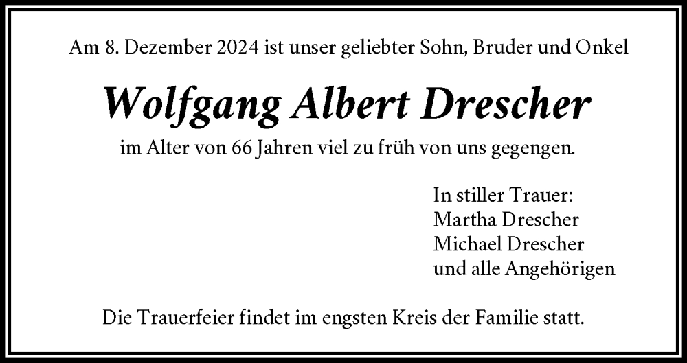  Traueranzeige für Wolfgang Albert Drescher vom 13.12.2024 aus Waiblinger Kreiszeitung