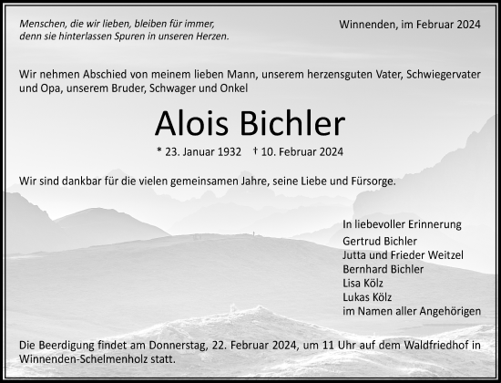 Traueranzeige von Alois Bichler von Waiblinger Kreiszeitung