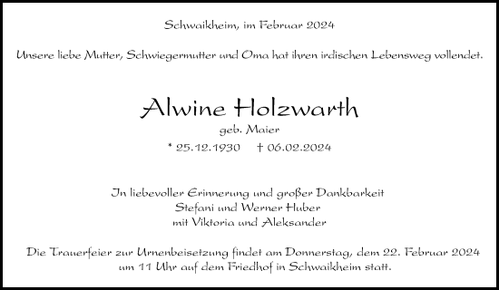 Traueranzeige von Alwine Holzwarth von Waiblinger Kreiszeitung