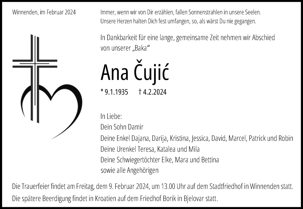  Traueranzeige für Ana Cujic vom 07.02.2024 aus Waiblinger Kreiszeitung