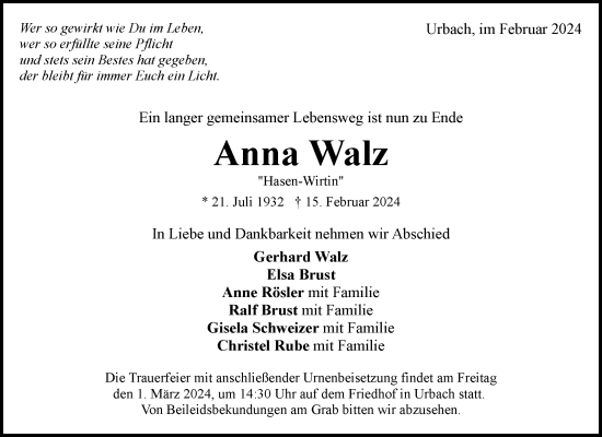 Traueranzeige von Anna Walz von Waiblinger Kreiszeitung