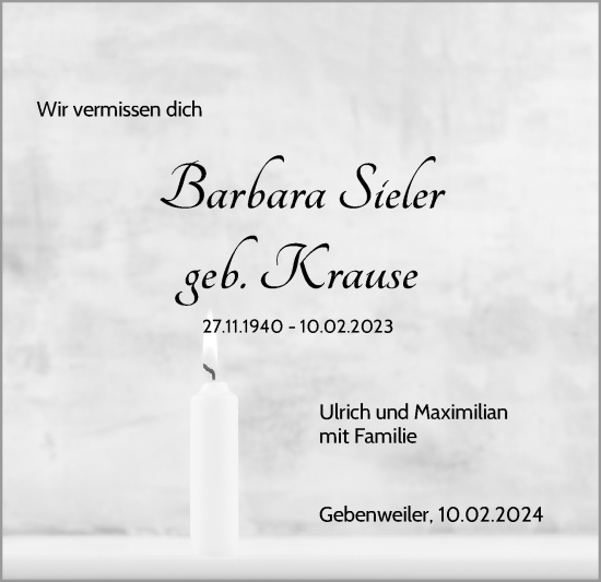 Traueranzeige von Barbara Sieler von Waiblinger Kreiszeitung