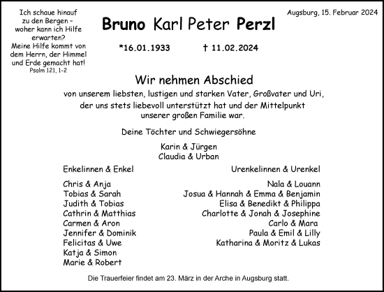 Traueranzeige von Bruno Karl Peter Perzl von Waiblinger Kreiszeitung