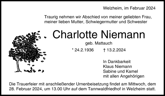 Traueranzeige von Charlotte Niemann von Waiblinger Kreiszeitung
