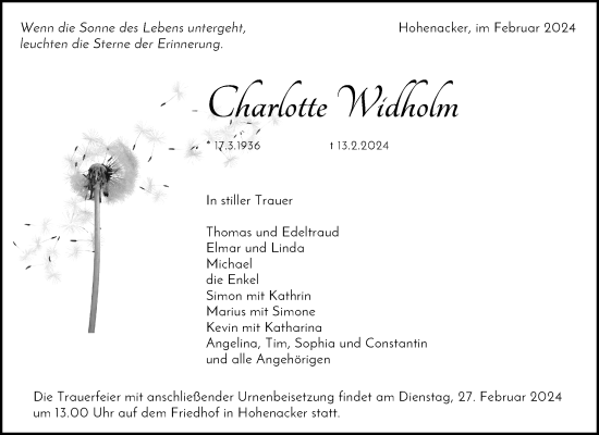 Traueranzeige von Charlotte Widholm von Waiblinger Kreiszeitung