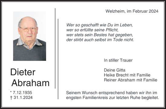 Traueranzeige von Dieter Abraham von Waiblinger Kreiszeitung