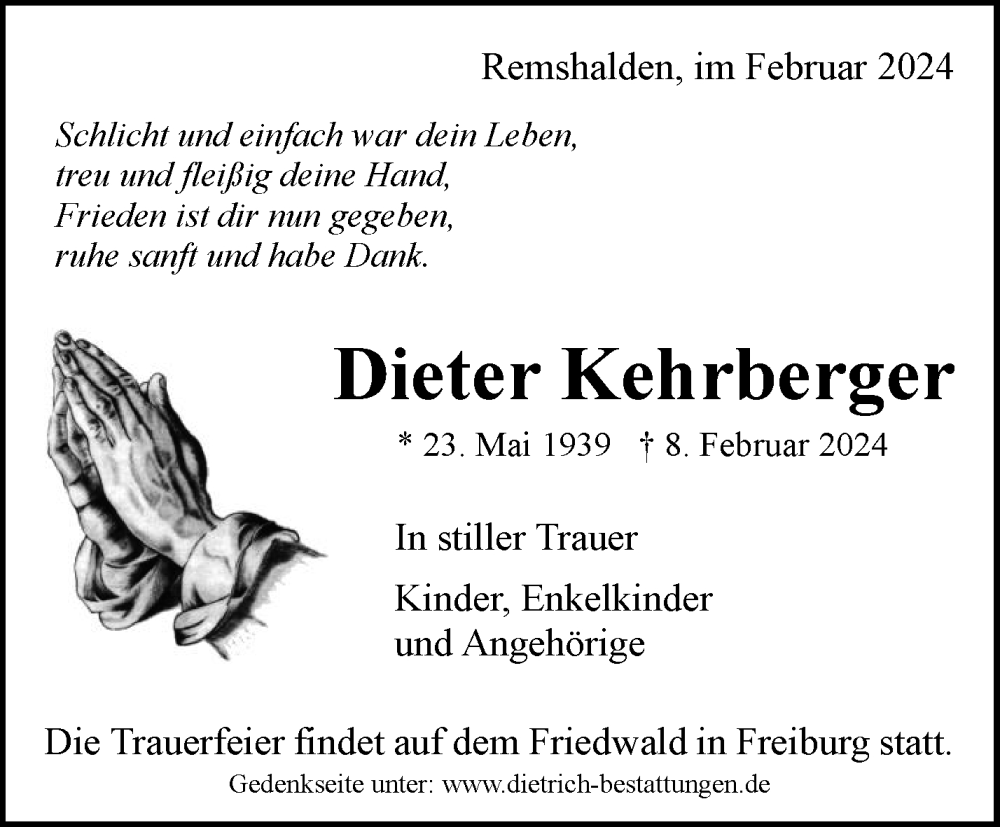  Traueranzeige für Dieter Kehrberger vom 16.02.2024 aus Waiblinger Kreiszeitung