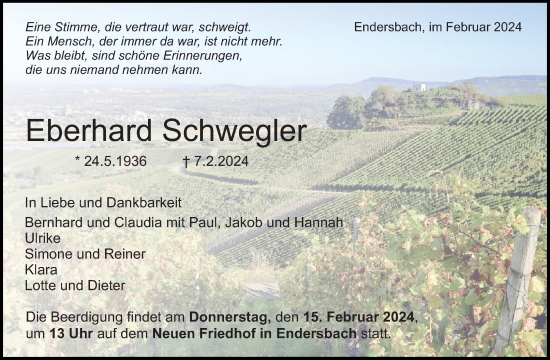 Traueranzeige von Eberhard Schwegler von Waiblinger Kreiszeitung