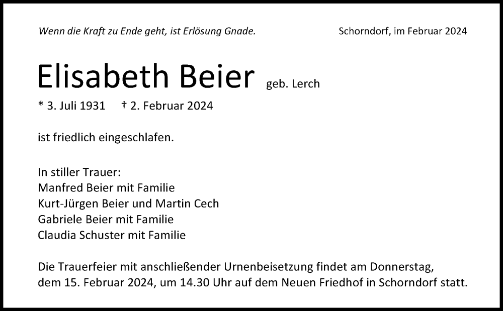  Traueranzeige für Elisabeth Beier vom 10.02.2024 aus Waiblinger Kreiszeitung