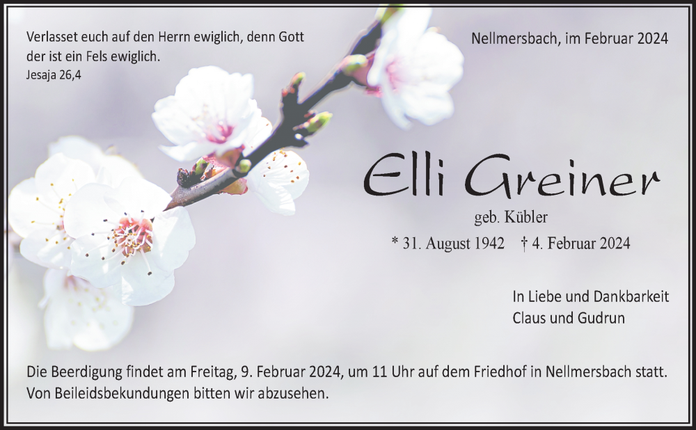  Traueranzeige für Elli Greiner vom 07.02.2024 aus Waiblinger Kreiszeitung