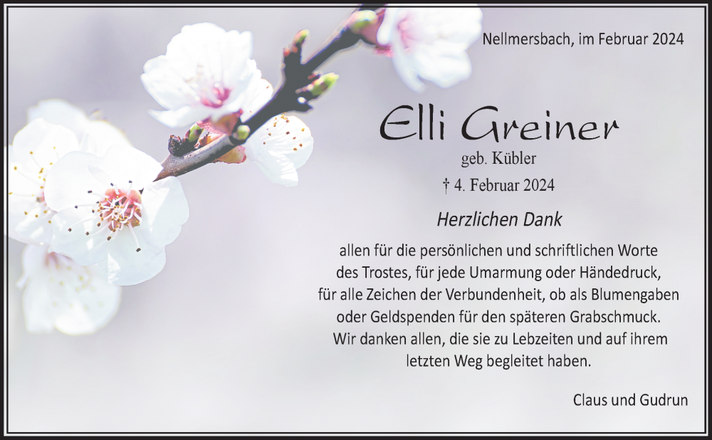  Traueranzeige für Elli Greiner vom 21.02.2024 aus Waiblinger Kreiszeitung