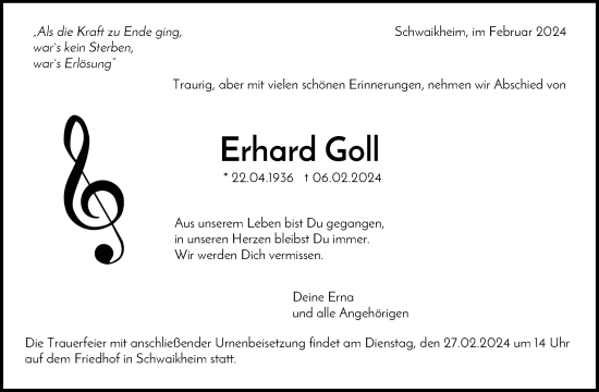 Traueranzeige von Erhard Goll von Waiblinger Kreiszeitung