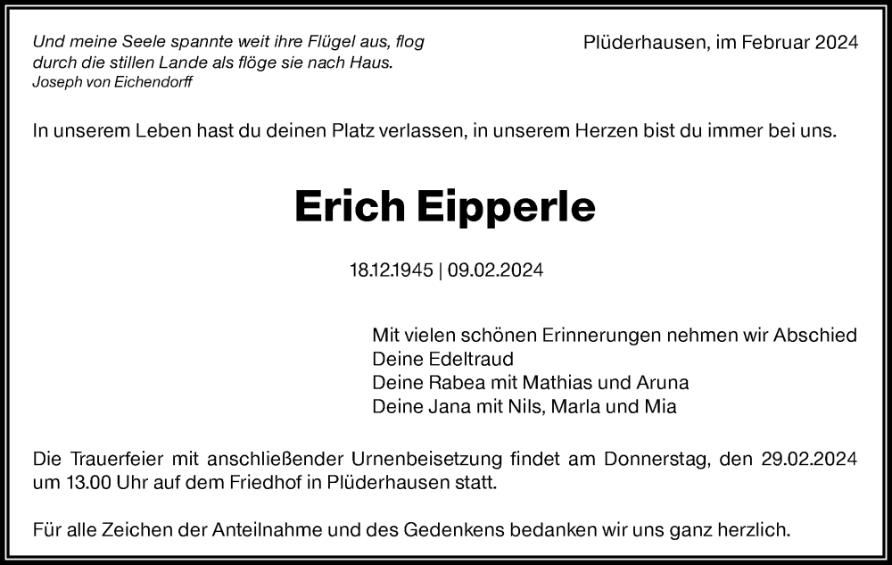  Traueranzeige für Erich Eipperle vom 23.02.2024 aus Waiblinger Kreiszeitung