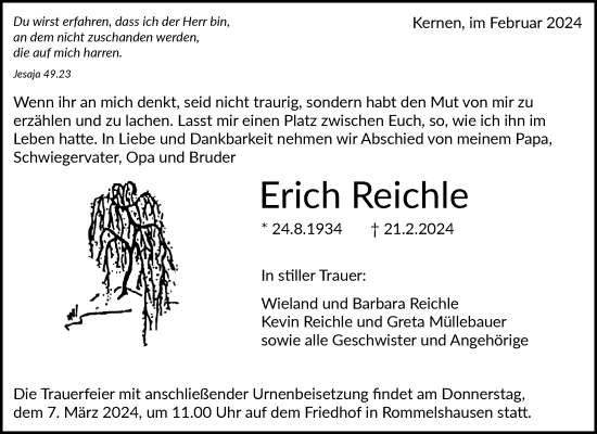 Traueranzeige von Erich Reichle von Waiblinger Kreiszeitung