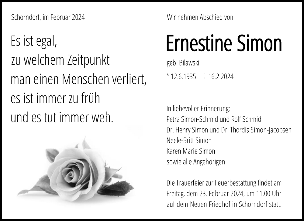  Traueranzeige für Ernestine Simon vom 20.02.2024 aus Waiblinger Kreiszeitung