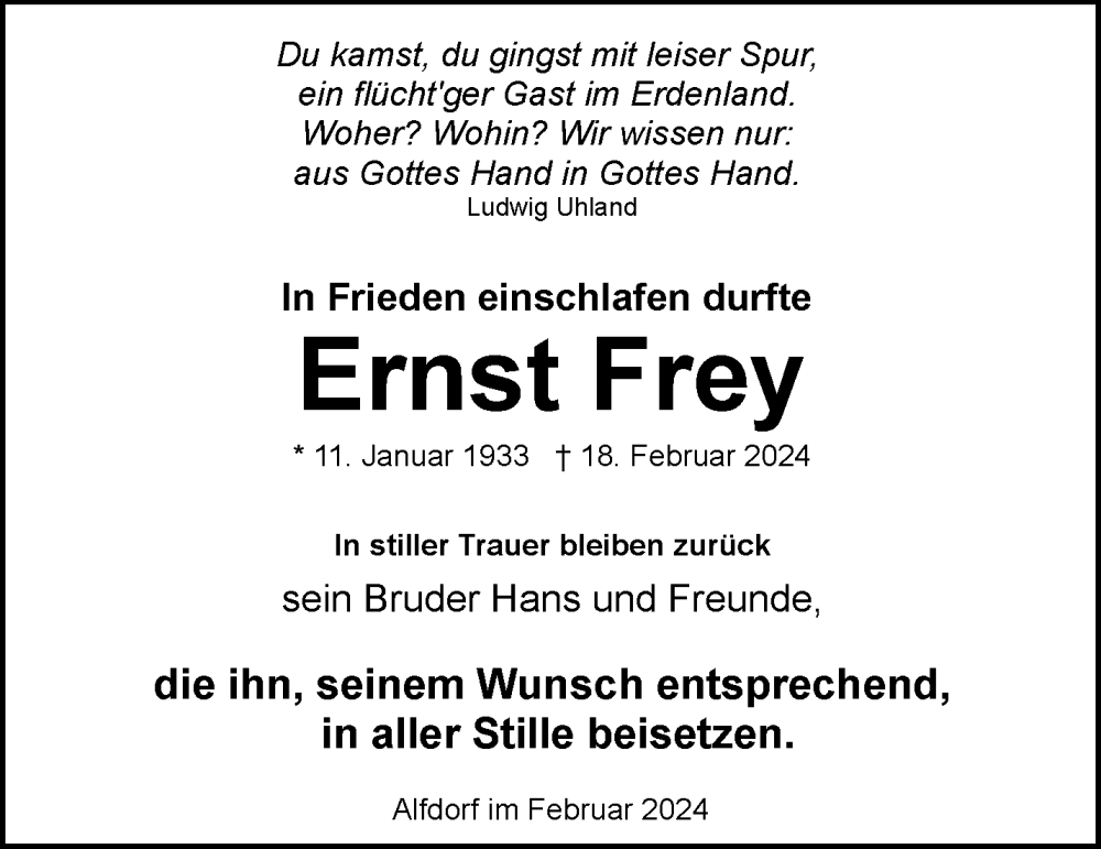  Traueranzeige für Ernst Frey vom 24.02.2024 aus Waiblinger Kreiszeitung
