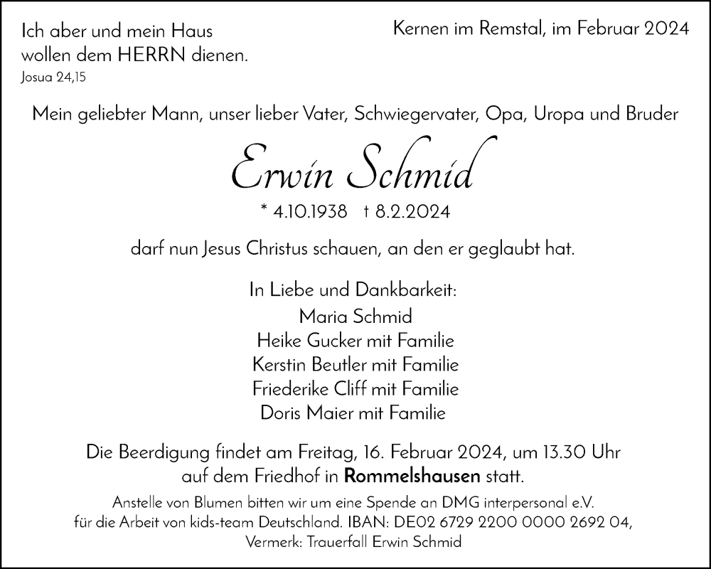  Traueranzeige für Erwin Schmid vom 14.02.2024 aus Waiblinger Kreiszeitung