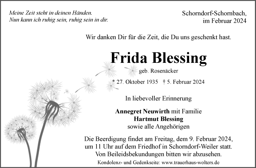  Traueranzeige für Frida Blessing vom 06.02.2024 aus Waiblinger Kreiszeitung
