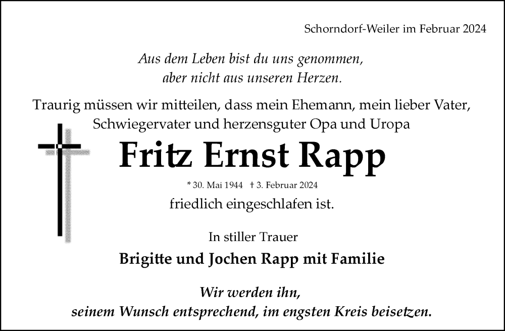  Traueranzeige für Fritz Ernst Rapp vom 10.02.2024 aus Waiblinger Kreiszeitung