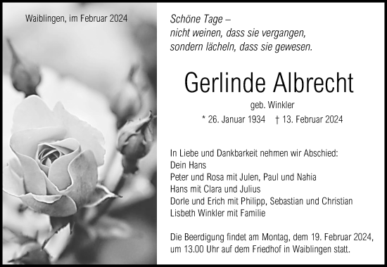 Traueranzeige von Gerlinde Albrecht von Waiblinger Kreiszeitung