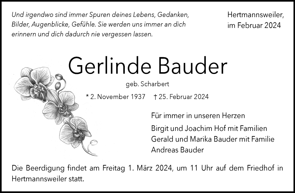  Traueranzeige für Gerlinde Bauder vom 28.02.2024 aus Waiblinger Kreiszeitung