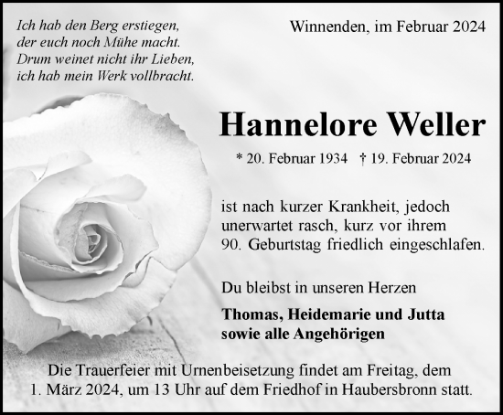 Traueranzeige von Hannelore Weller von Waiblinger Kreiszeitung