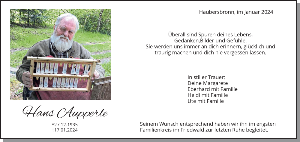 Traueranzeige für Hans Aupperle vom 09.02.2024 aus Waiblinger Kreiszeitung