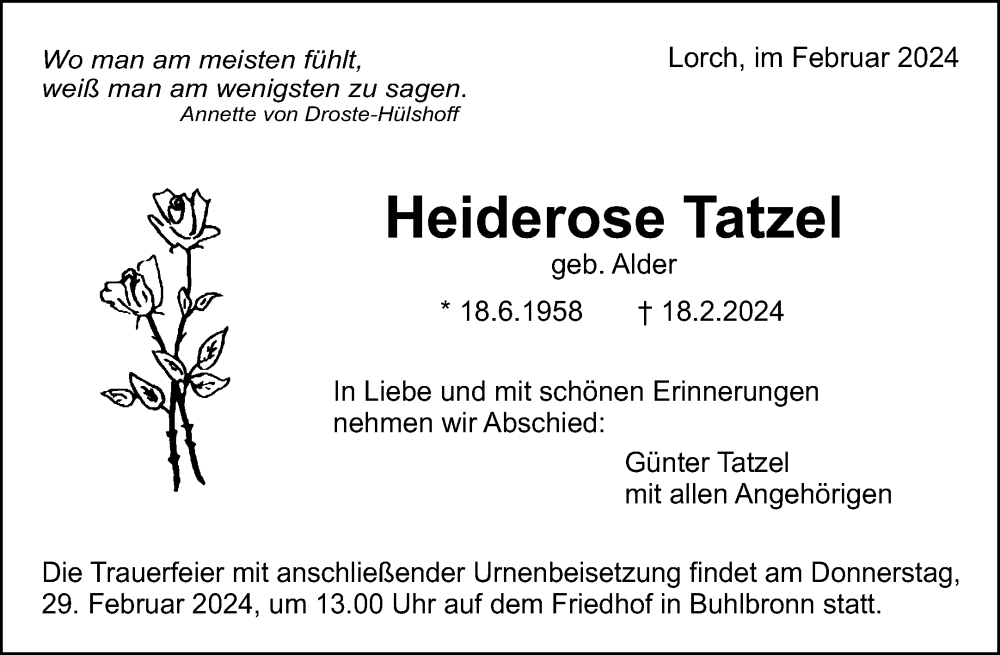  Traueranzeige für Heiderose Tatzel vom 23.02.2024 aus Waiblinger Kreiszeitung