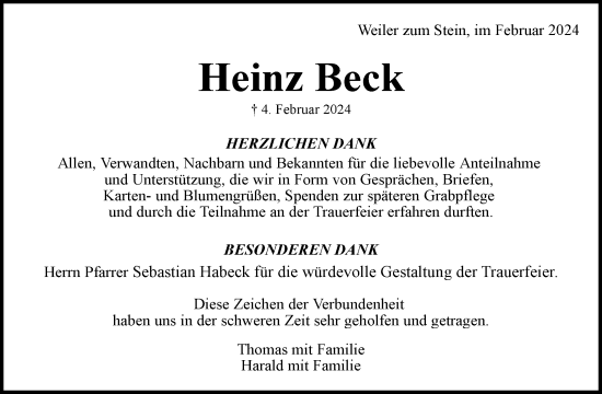 Traueranzeige von Heinz Beck von Waiblinger Kreiszeitung
