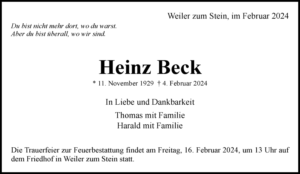  Traueranzeige für Heinz Beck vom 10.02.2024 aus Waiblinger Kreiszeitung