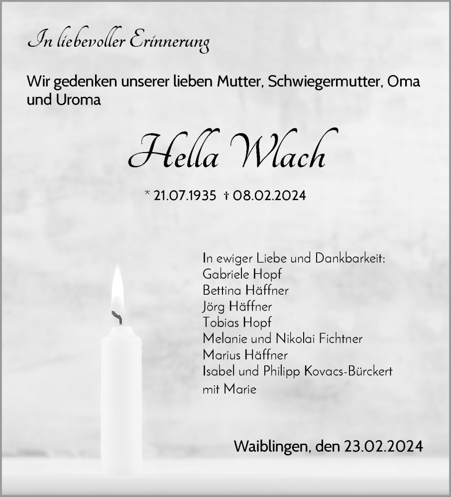  Traueranzeige für Hella Wlach vom 23.02.2024 aus Waiblinger Kreiszeitung