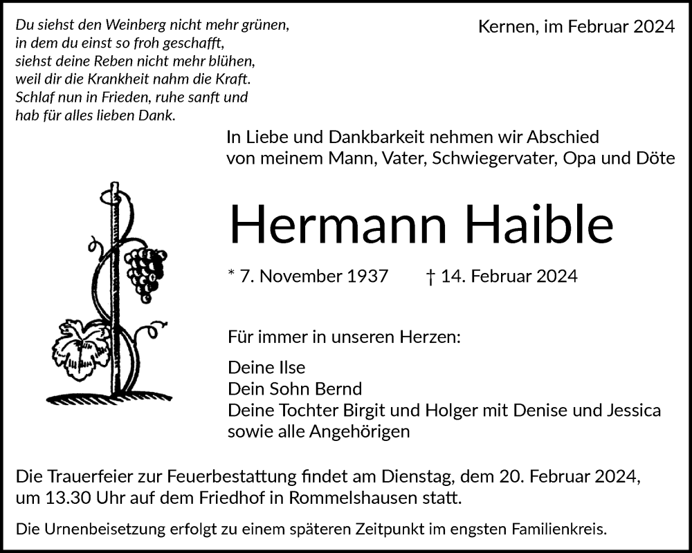  Traueranzeige für Hermann Haible vom 17.02.2024 aus Waiblinger Kreiszeitung