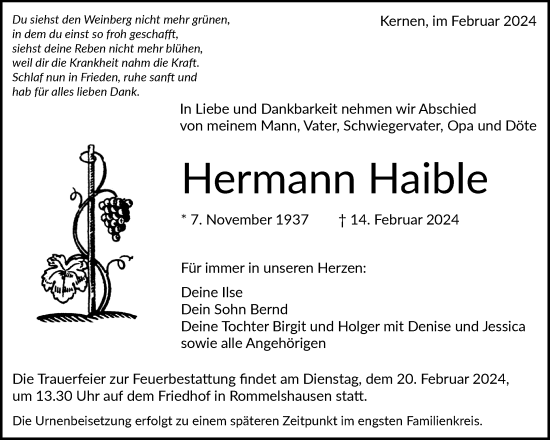 Traueranzeige von Hermann Haible von Waiblinger Kreiszeitung