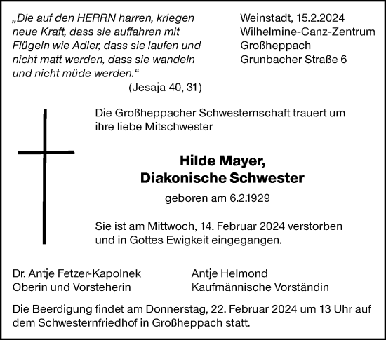 Traueranzeige von Hilde Mayer von Waiblinger Kreiszeitung
