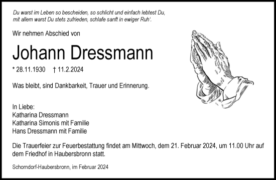 Traueranzeige von Johann Dressmann von Waiblinger Kreiszeitung