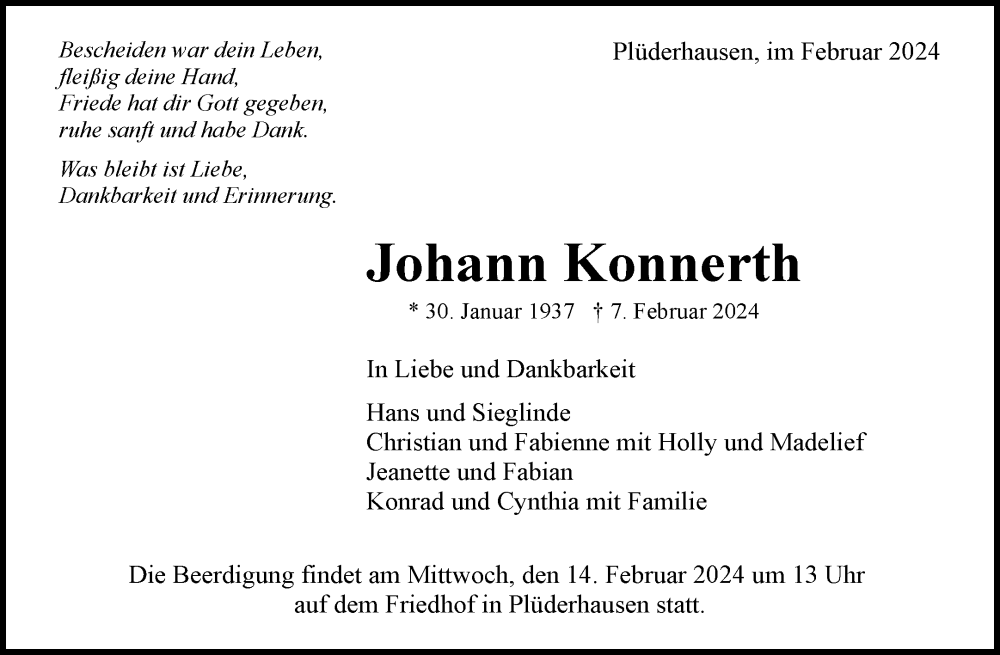  Traueranzeige für Johann Konnerth vom 10.02.2024 aus Waiblinger Kreiszeitung