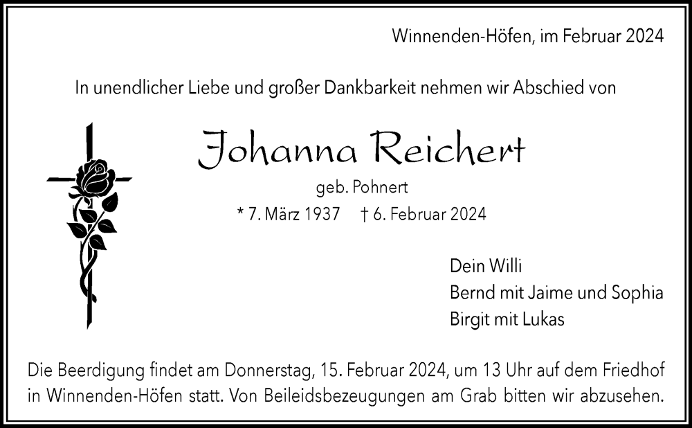  Traueranzeige für Johanna Reichert vom 10.02.2024 aus Waiblinger Kreiszeitung