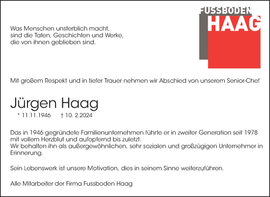 Traueranzeige von Jürgen Haag von Waiblinger Kreiszeitung