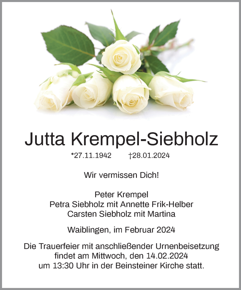 Traueranzeige für Jutta Krempel-Siebholz vom 10.02.2024 aus Waiblinger Kreiszeitung