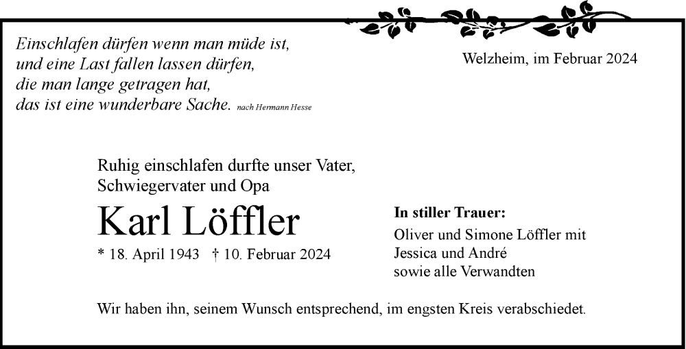  Traueranzeige für Karl Löffler vom 19.02.2024 aus Waiblinger Kreiszeitung